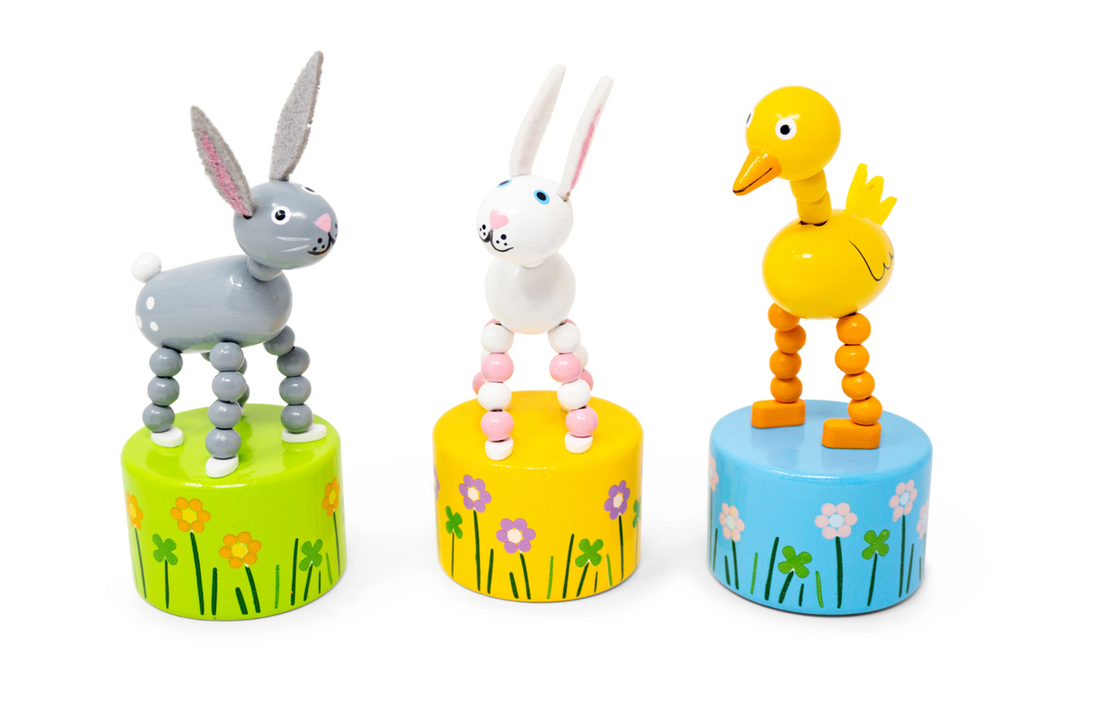 ThumbToy Easter classic duck and bunny push puppets with painted floral bases for fun Easter basket surprises.