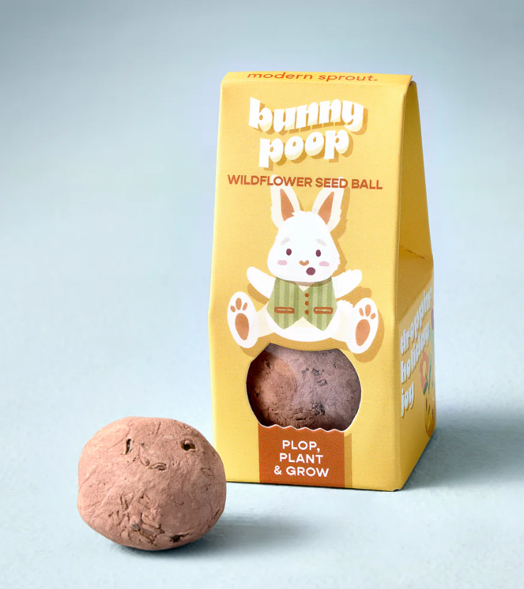 Wildflower Seed Ball | Bunny Poop packaging with a seed ball ready for planting for spring gardens.