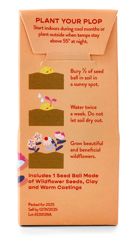 Wildflower Seed Ball | Bunny Poop planting instructions showing seed ball burial, watering, and growing wildflowers steps.