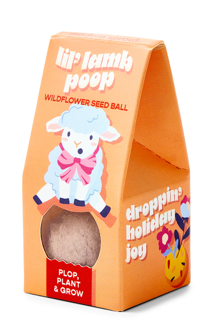 Wildflower Seed Ball | Lil Lamb Poop packaging featuring a cute lamb and text "plop, plant & grow" on orange box.