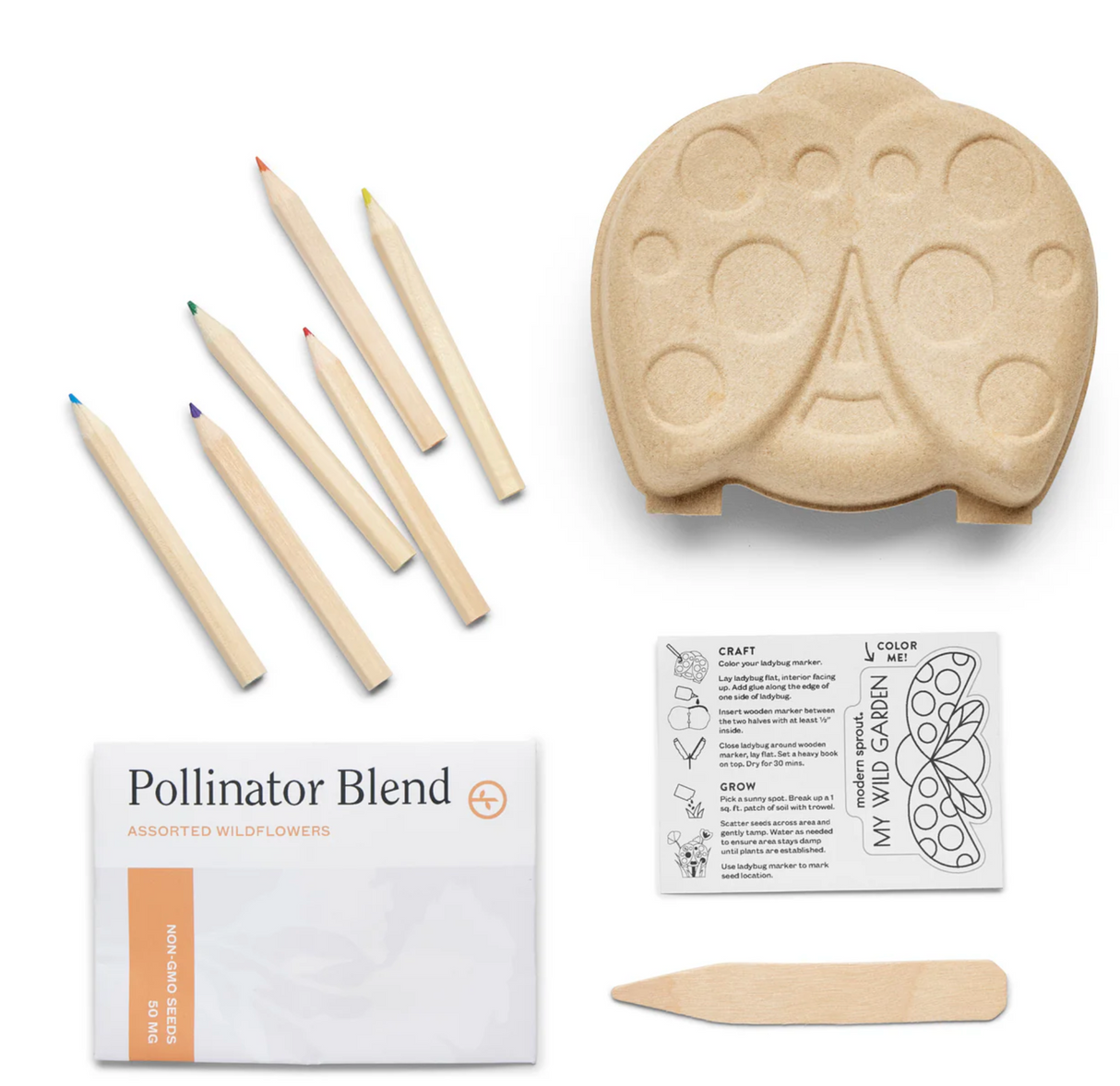 Curious Critters Ladybug Activity Kit with wildflower seeds, paper pulp ladybug, wooden marker, and colored pencils for gardening fun.