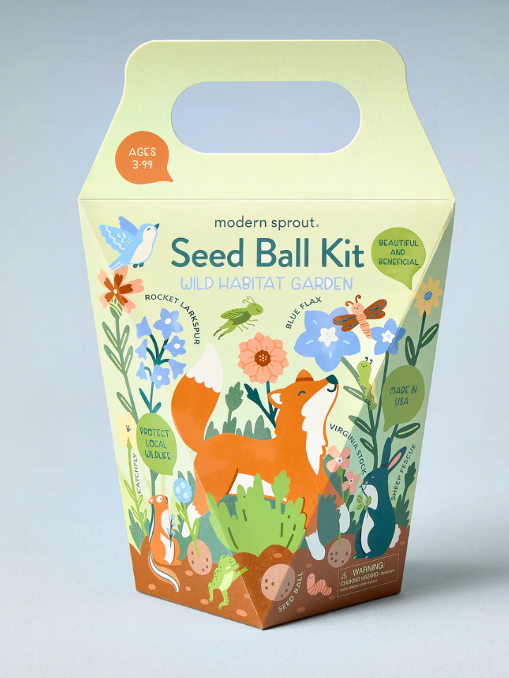 DIY Seedball Kit | Wildflower Garden packaging with colorful illustrations of plants, animals, and gardening instructions.