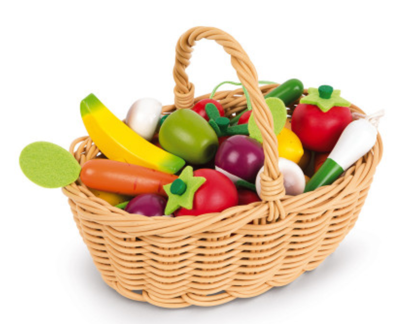 Wooden Fruit & Vegetables Basket with 24 colorful wooden fruits and vegetables in a wicker-style play basket for kids.