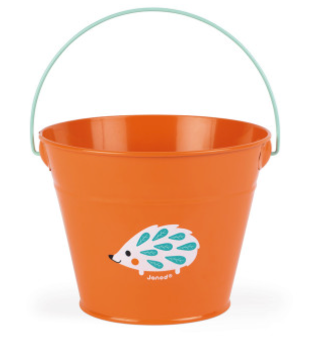 Happy Garden Metal Bucket in bright orange with blue handle and cute hedgehog design for gardening and play.