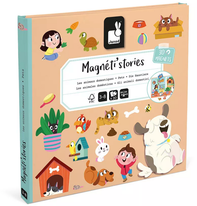 MagnetiStories | Pets magnetic game with colorful pet magnets and illustrated board for creative storytelling and play.