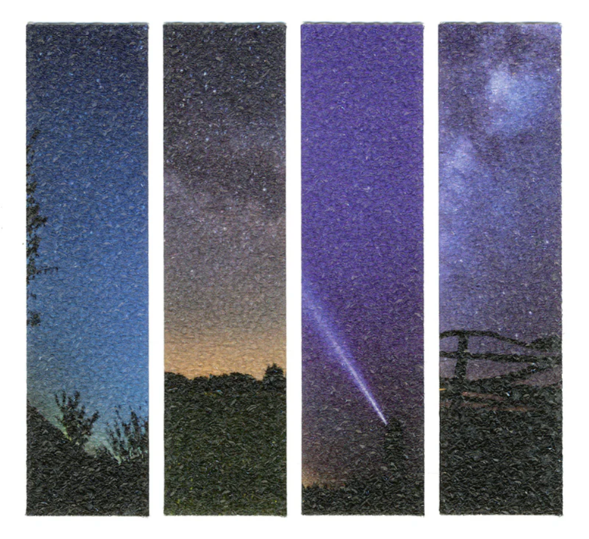 Zen Strips | Sand Nature set shows four textured strips with night sky and starry rainbow designs for calm focus.