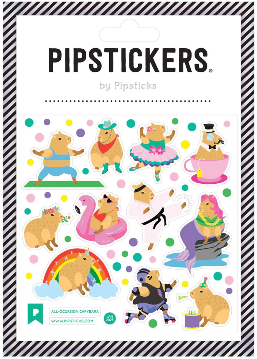 All Occasion Capybara Stickers featuring capybaras in fun costumes with silver holographic foil accents on clear backing.
