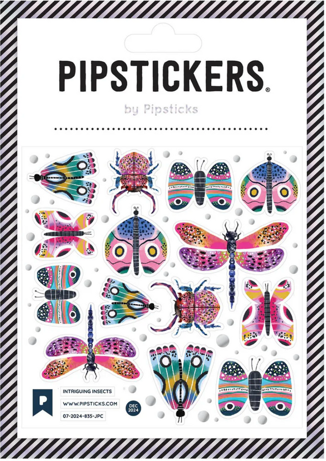 Intriguing Insects Stickers featuring colorful glitter foil insect designs on a clear backing sheet by PipStickers.