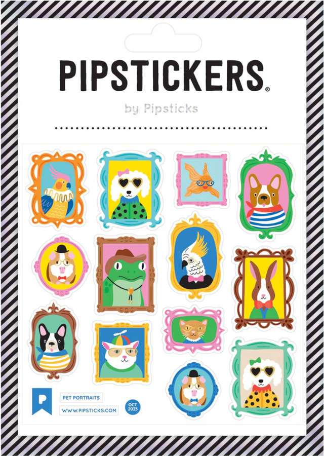 Pet Portraits Stickers sheet featuring colorful animal portraits in decorative frames by PipStickers with holographic gold foil accents.