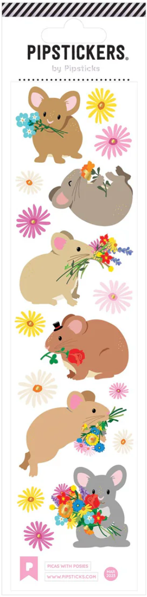 Picas With Posies Stickers sheet featuring cute mice holding colorful flowers with holographic silver foil accents.
