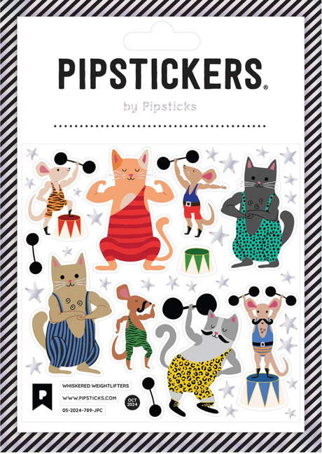 Whiskered Weightlifters Stickers featuring cats and mice lifting weights with silver holographic foil accents.