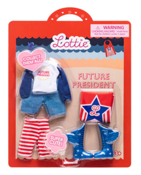 Lottie Future President Outfit includes long sleeve tee, corduroy shorts, striped tights, blue star boots, and cape.