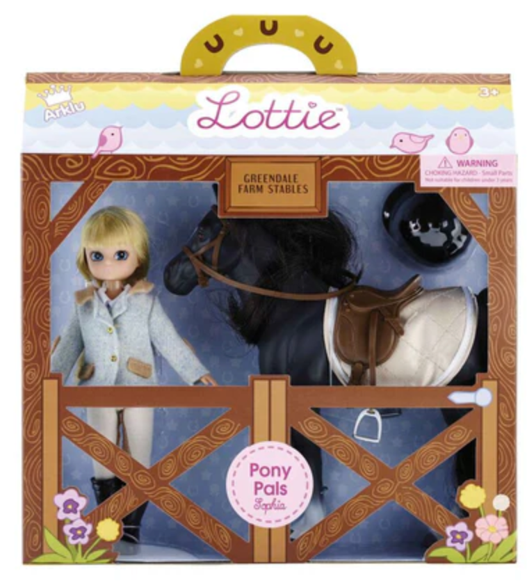Lottie Pony Pals with Doll featuring a blonde doll, black pony with saddle, bridle, and riding helmet in barn playset.