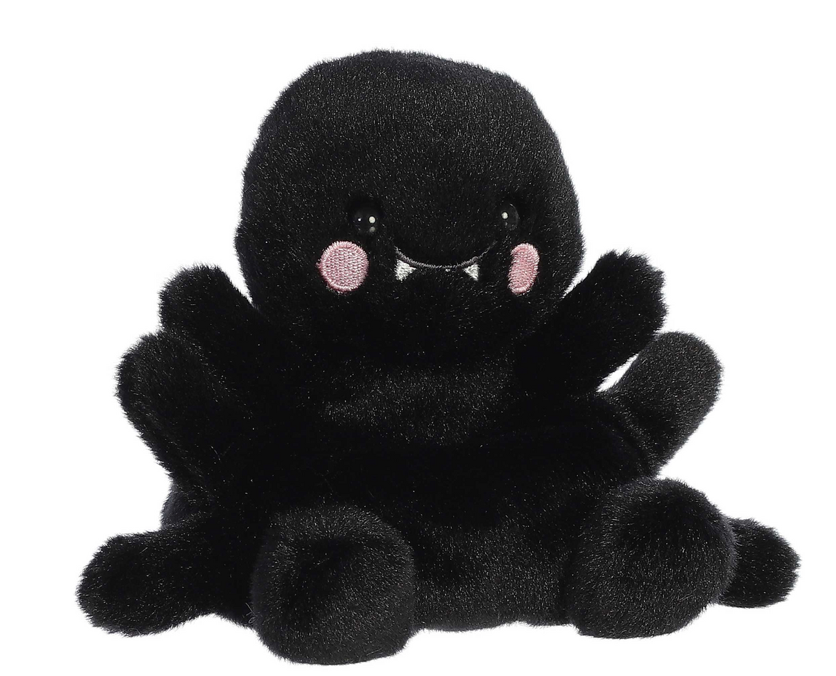 Palm Pals Spider Penny Mae plush with soft black velvet, smiling eyes, rosy cheeks, and eight cuddly legs.