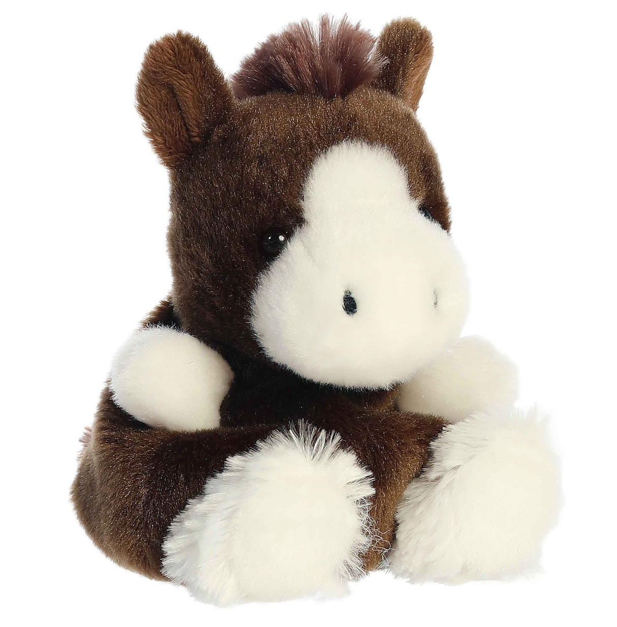 Palm Pals Clydesdale Darius plush horse with soft brown body, fluffy mane, and white hooves, sitting in a friendly pose.
