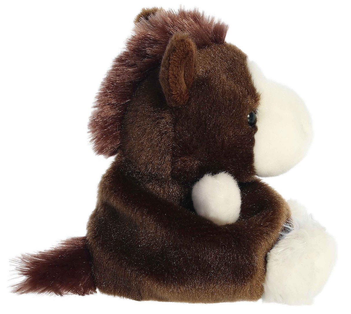 Palm Pals Clydesdale Darius plush horse with soft brown body, fluffy mane, and gentle eyes in a sitting pose.