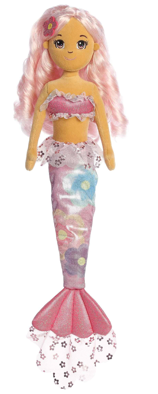 Mermaid Floral Sparkles Lily plush with pastel pink tail, floral designs, ruffled top, and pink curly hair.