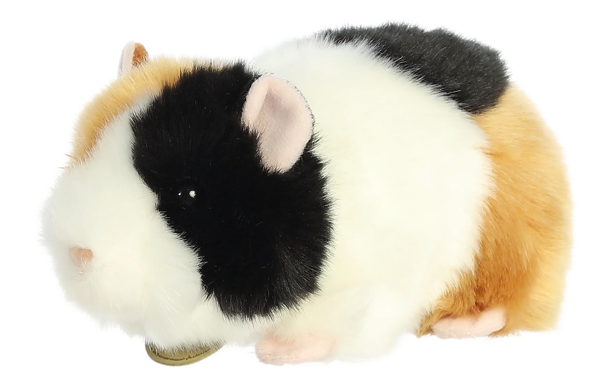 Guinea Pig plush with tri-colored white, tan, and black fur, featuring a cute face and pink nose, soft and cuddly toy.