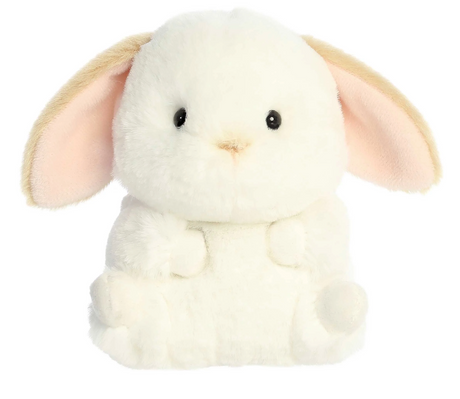 Rolly Bunny Bouncy plush toy with soft white fur, long pink ears, and round cuddly body perfect for hugging.