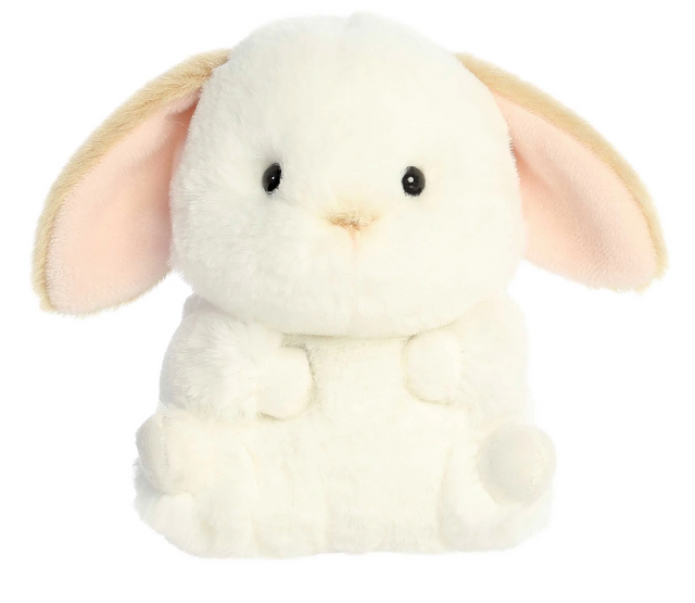 Rolly Bunny Bouncy plush toy with soft white fur, long pink ears, and round cuddly body perfect for hugging.