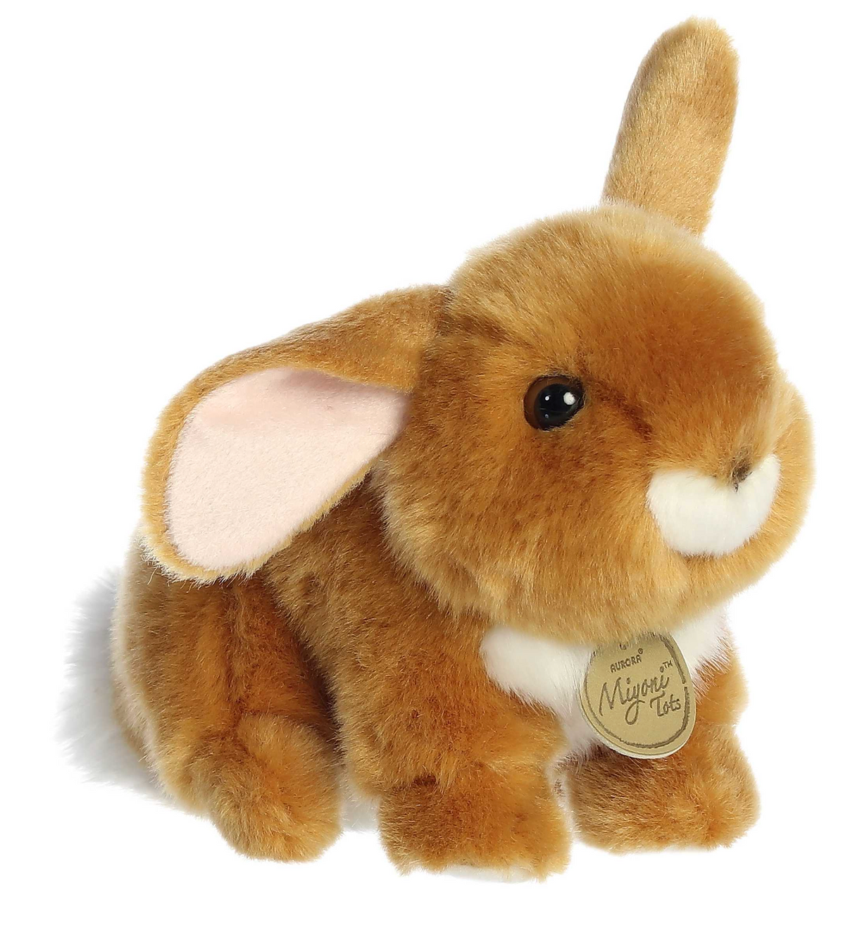 Plush Playful Baby Bunny with one ear up and one down, soft brown fur, called Bunny Ear Up Ear Down Ginger.