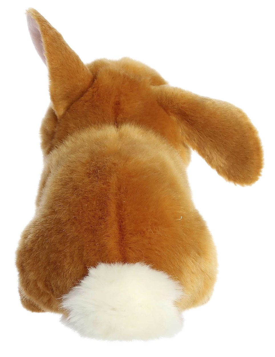 Bunny Ear Up Ear Down Ginger plush toy showing back with one ear up and one ear down, fluffy white tail.