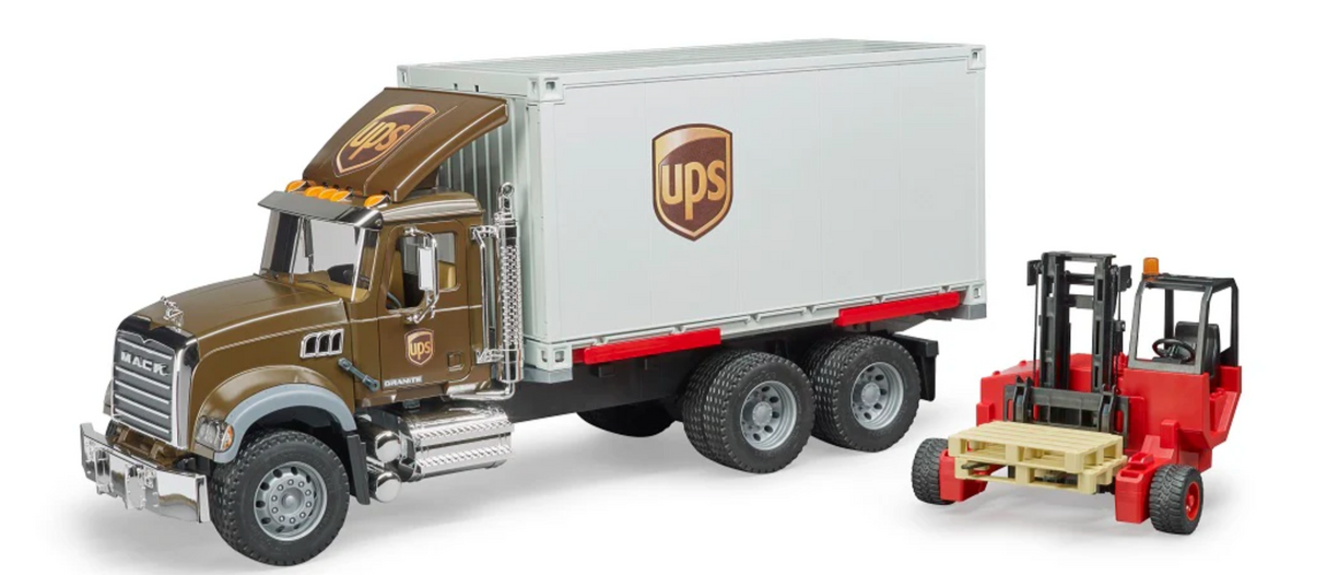 MACK Granite UPS Truck with Forklift featuring detailed cabin, opening doors, and functional forklift with pallet.