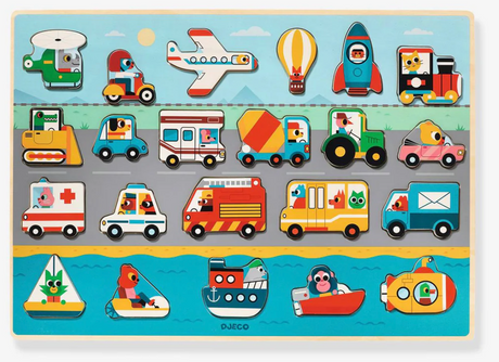 Puzzlo Vroom Wooden Puzzle with 22 colorful vehicle pieces including cars, planes, boats, and trucks for children age 2+