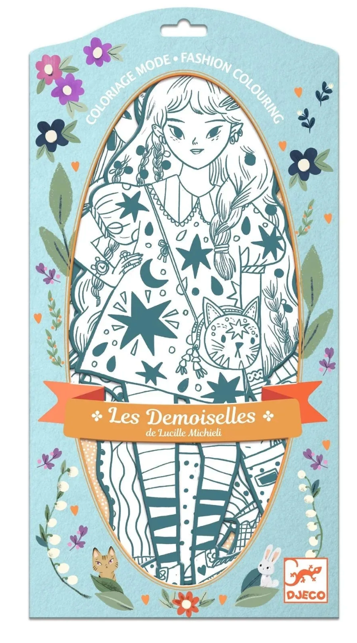 Les Demoiselles Fashion Coloring | Angele & Friends features a girl in patterned outfits ready to be colored creatively.