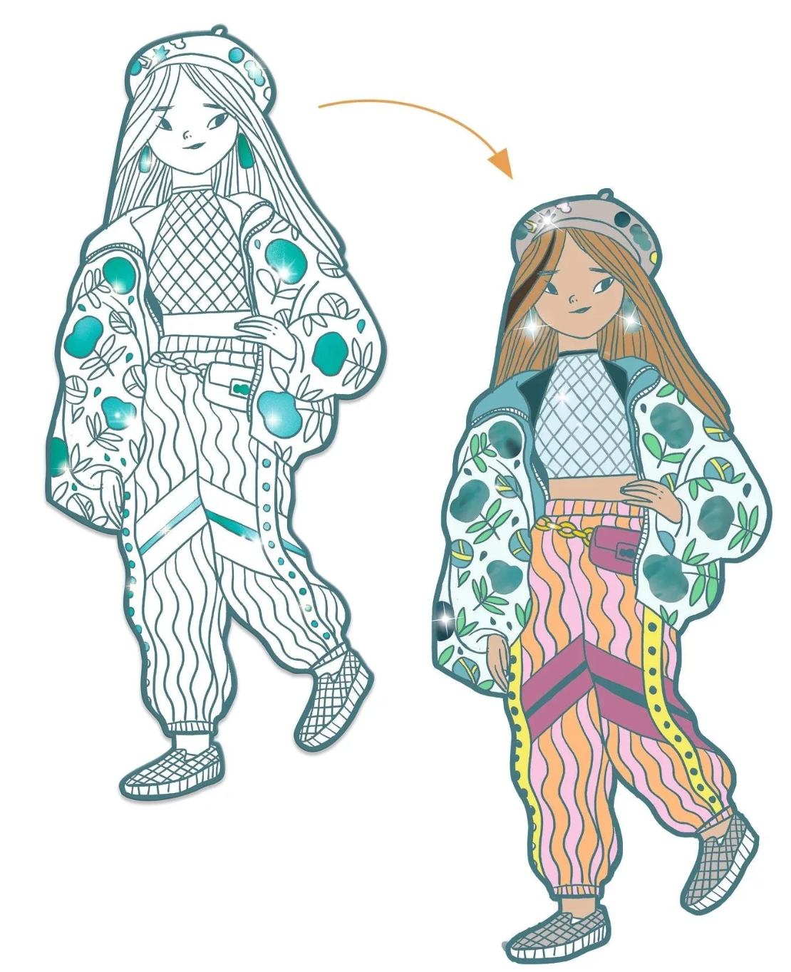 Les Demoiselles Fashion Coloring | Angele & Friends featuring a stylish girl in patterned outfit to color and decorate with metallic areas.