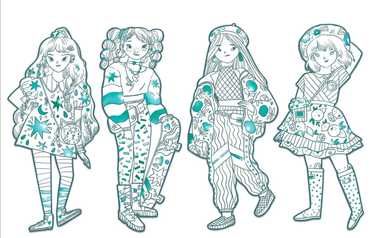 Les Demoiselles Fashion Coloring | Angele & Friends shows four girls in patterned outlines ready for colorful outfits.