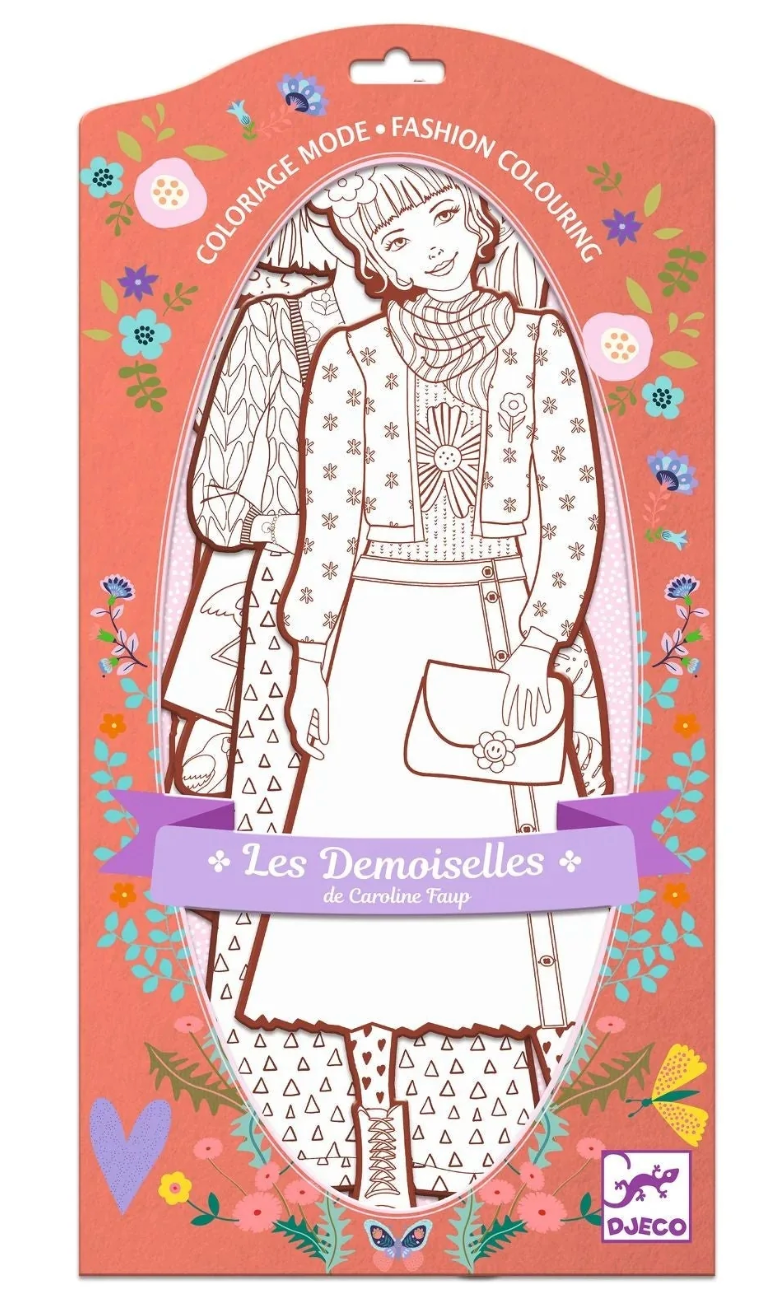 Les Demoiselles Fashion Coloring | Nina & Friends features outlined girls in patterned outfits ready for creative coloring.