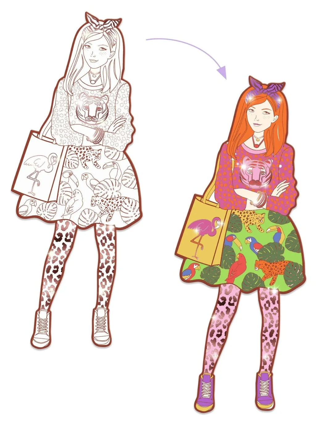 Les Demoiselles Fashion Coloring | Nina & Friends shows a girl outfit coloring sheet with patterns and metallic details.