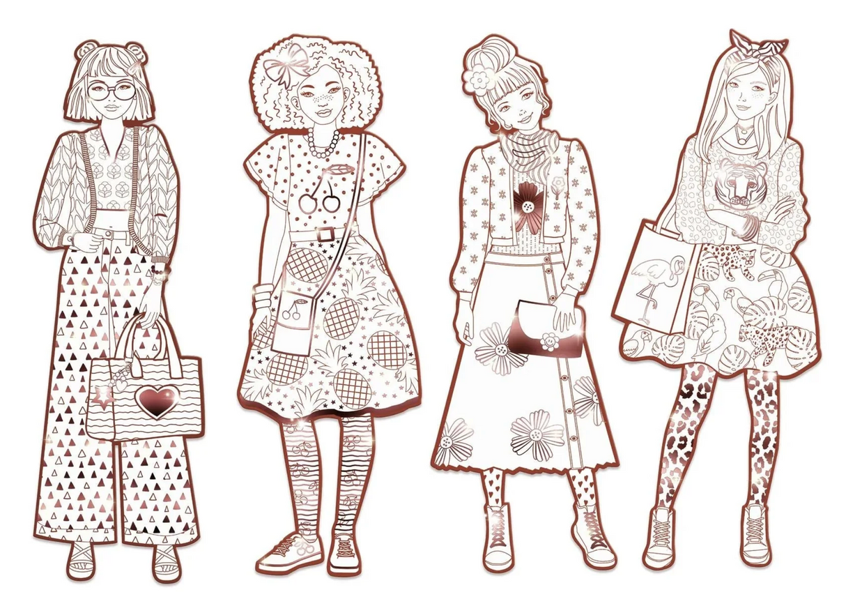 Les Demoiselles Fashion Coloring | Nina & Friends featuring four girls in outlined patterned outfits ready to color creatively.