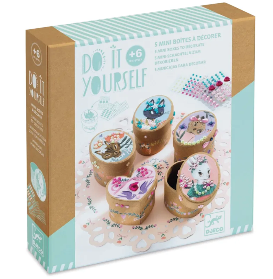 DIY Adorable Mini Boxes kit with 5 mini treasure boxes, gemstone stickers, and step-by-step decoration instructions.