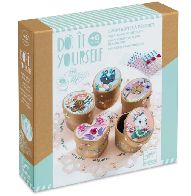DIY Adorable Mini Boxes kit with 5 mini treasure boxes, gemstone stickers, and step-by-step decoration instructions.