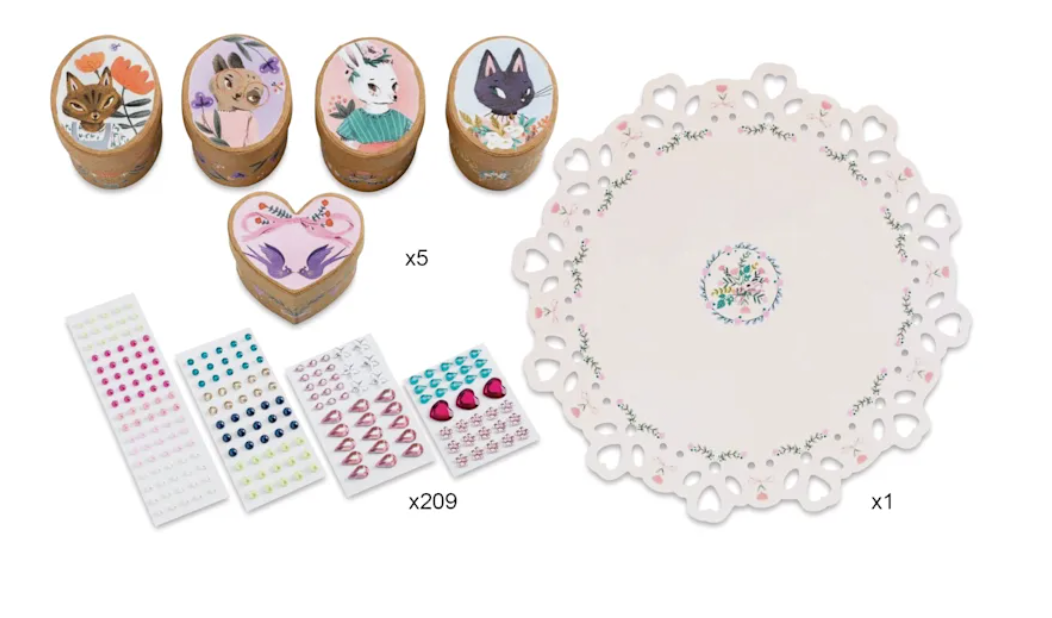 DIY Adorable Mini Boxes kit with 5 decorated mini boxes, 209 gemstone stickers, and a decorative doily for crafting.