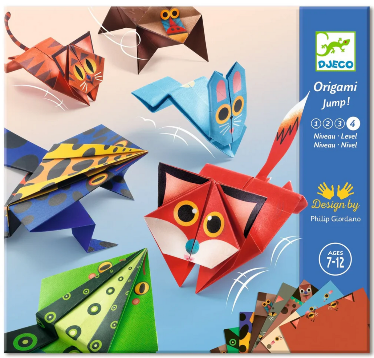Origami Jumping Animals set featuring colorful folding paper animals including a fox, frog, cat, mouse, and monkey.