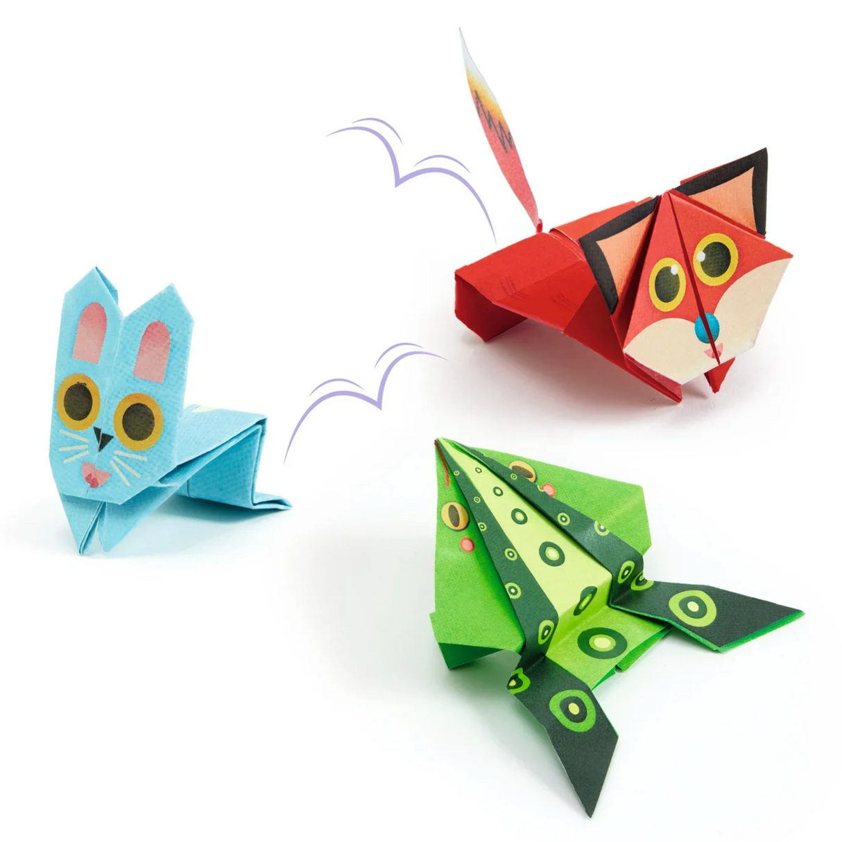 Origami Jumping Animals featuring a blue bunny, red fox, and green frog made from foldable paper sheets for creative play.