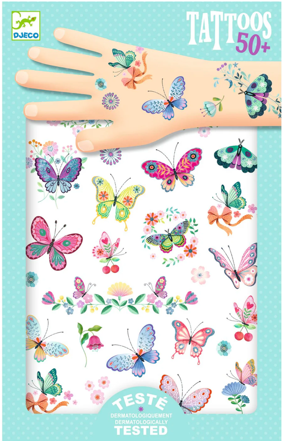 Dream Butterflies Tattoos showing colorful butterfly designs on skin and paper, dermatologically tested for kids 4 years and up.