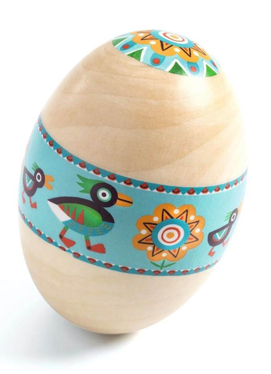 Animambo Egg Maraca wooden egg-shaped musical toy with colorful bird and flower illustrations, perfect for children.