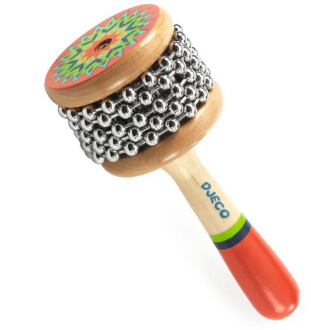 Animambo Mini Cabassa wooden percussion instrument with Native American-style painted design and metal beads.