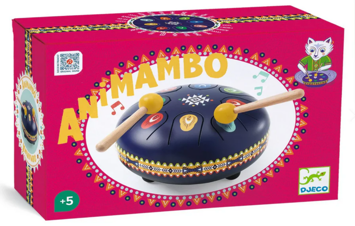 Animambo Steel Tongue Drum with 8 colorful tongues, Native American design, drumsticks, and music cards in packaging.