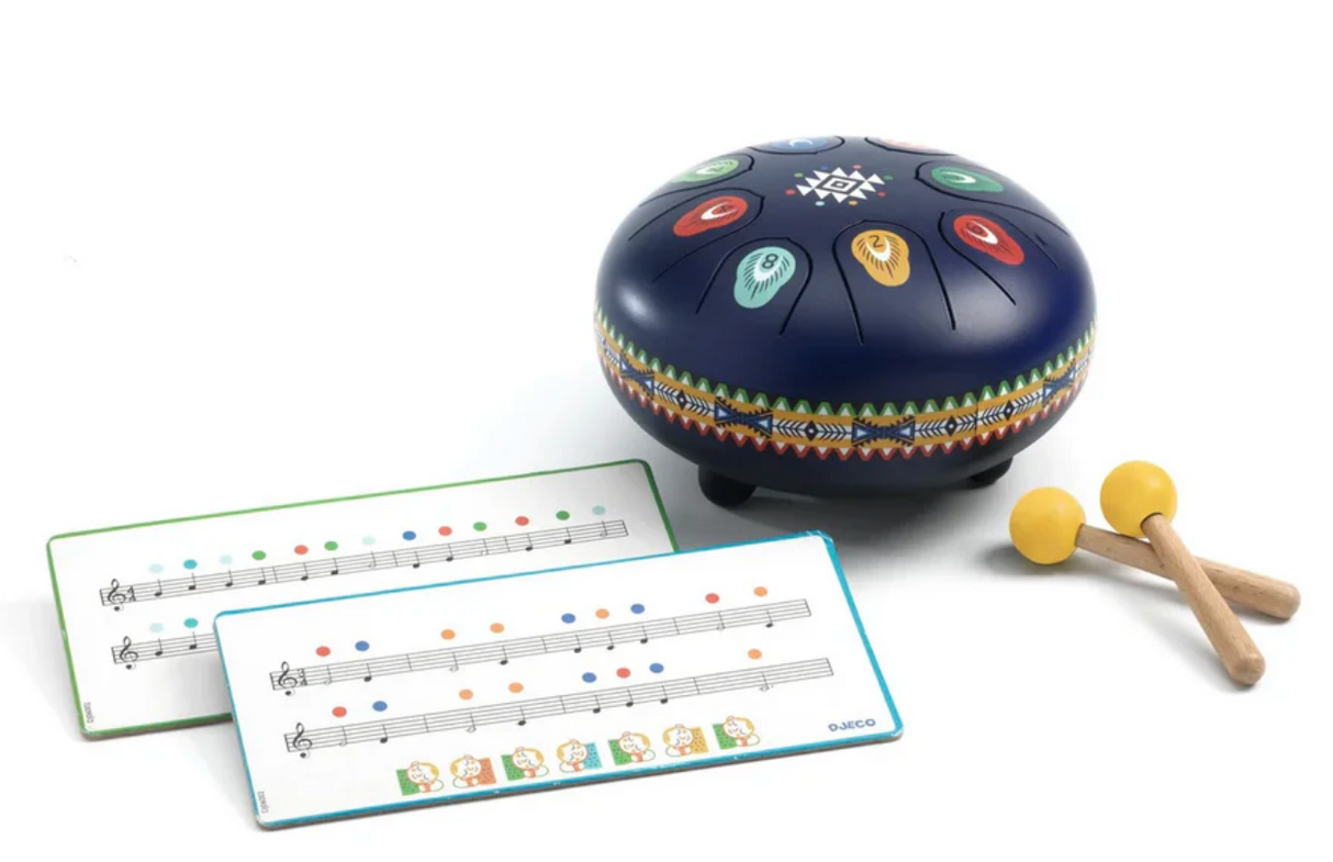 Animambo Steel Tongue Drum with 8 colorful notes, drumsticks, and music score cards for easy melodic play.