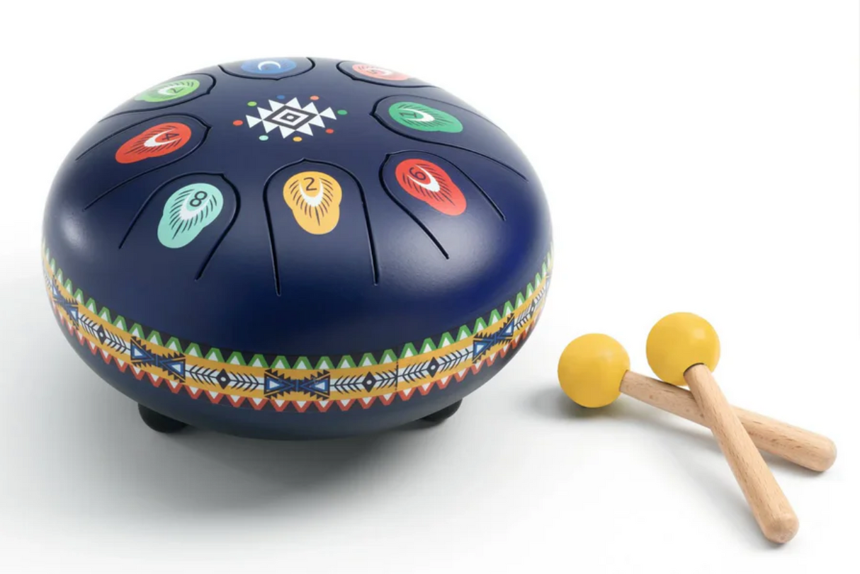 Animambo Steel Tongue Drum with Native American designs, 8 colorful notes, and wooden drumsticks for soothing melodies.