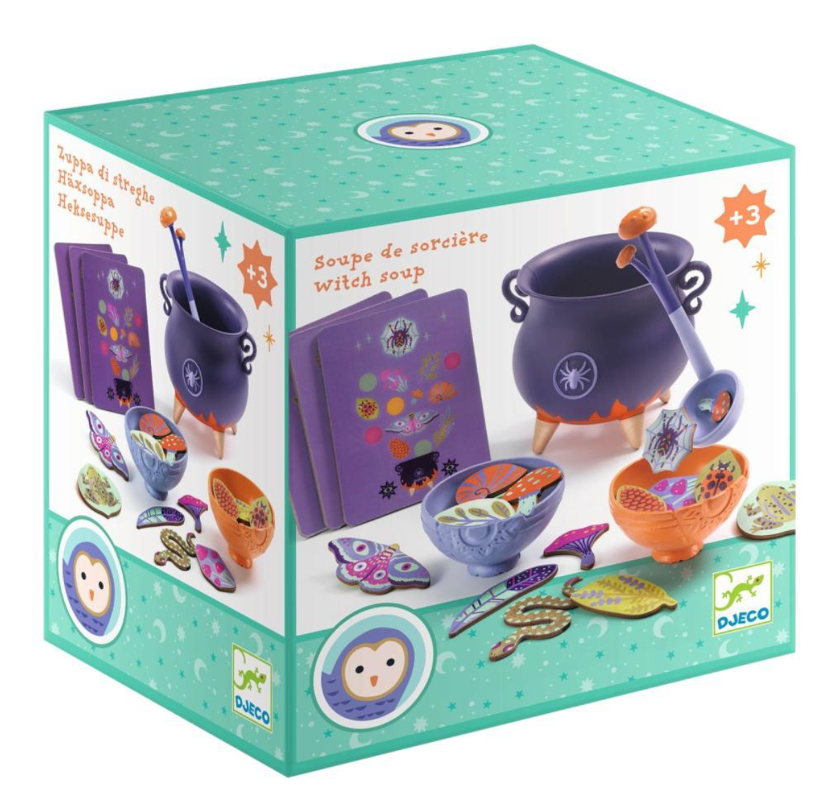 Djeco Witch's Brew role play set with cauldron, ladle, bowls, wooden ingredients, and colorful menu cards for kids 3+.