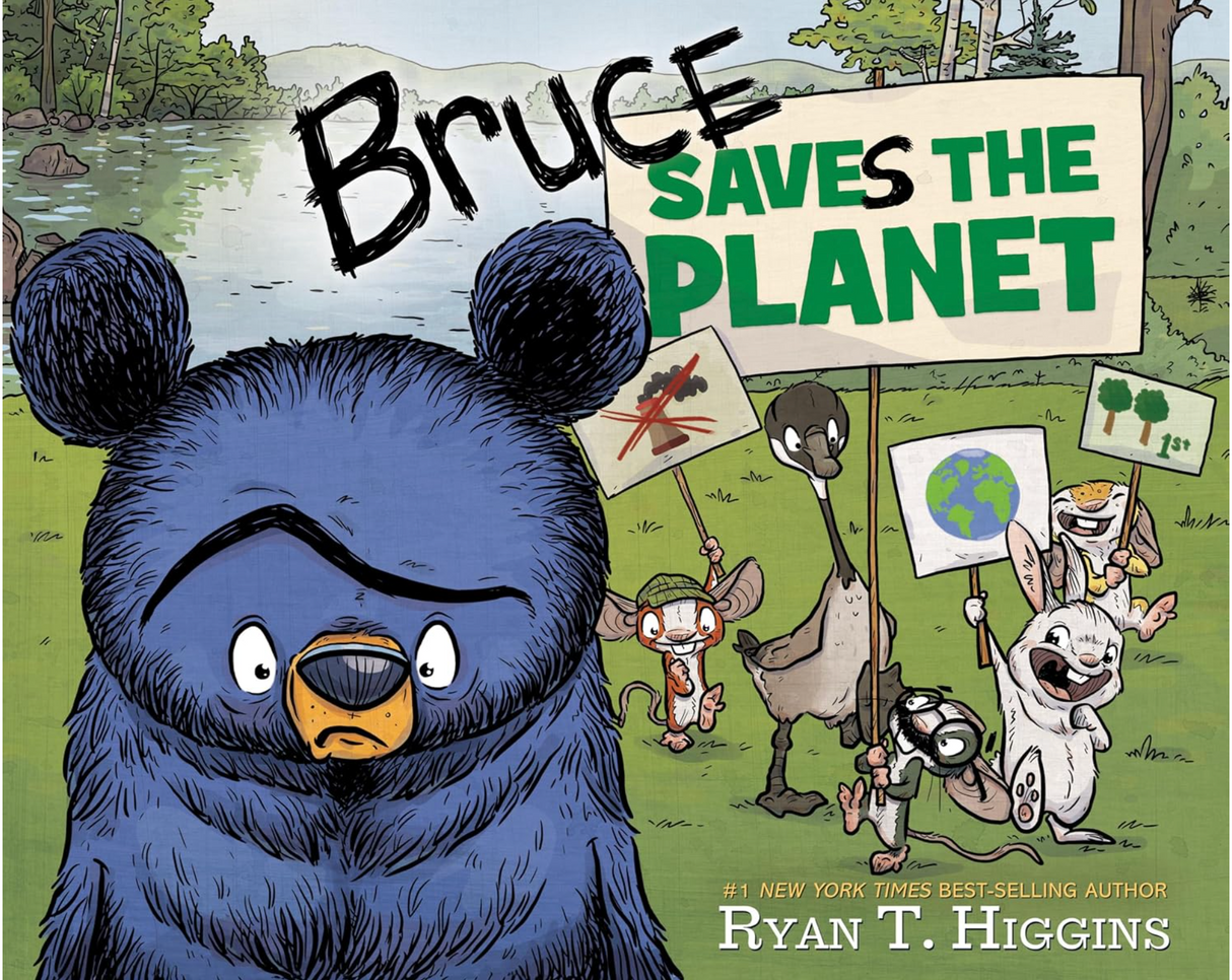 Bruce Saves the Planet book cover showing Bruce the bear with animals holding protest signs in a forest near a river.