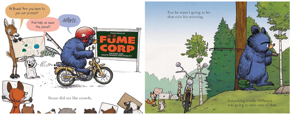 Bruce Saves the Planet shows Bruce the bear avoiding protesters to protect the forest from factory construction.