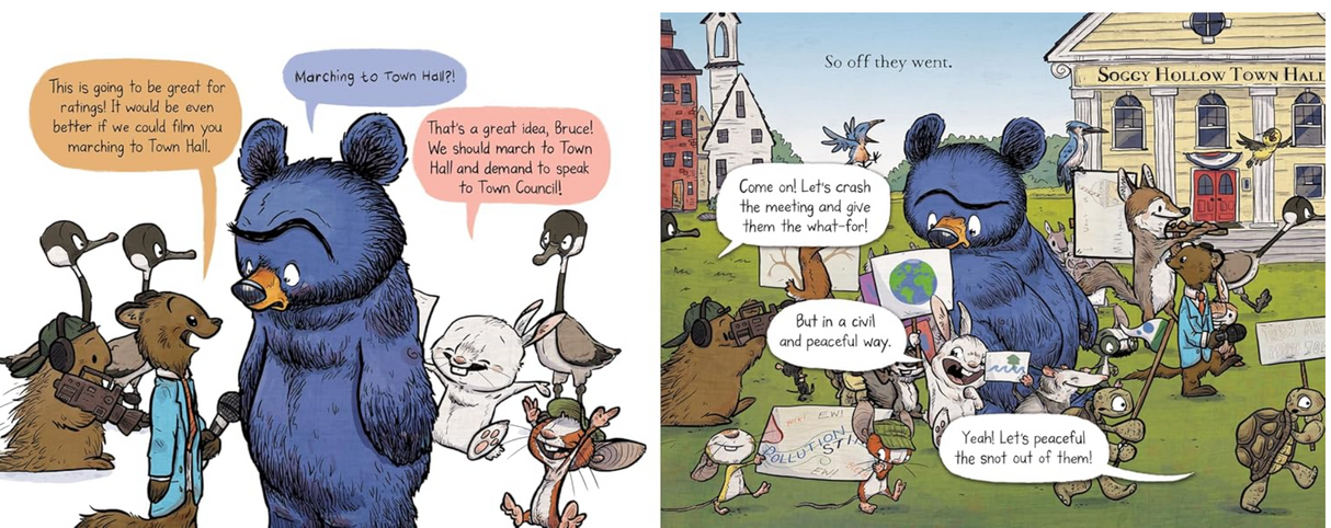 Bruce Saves the Planet featuring Bruce the bear and friends planning a peaceful protest to save the forest in Soggy Hollow.