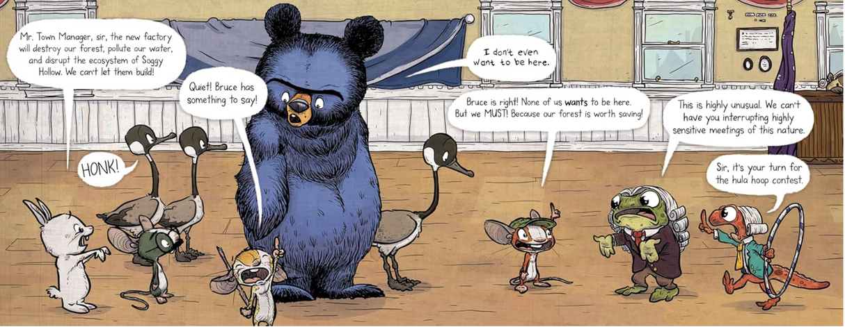 Bruce Saves the Planet shows Bruce the bear and forest animals protesting to protect their home from factory construction.